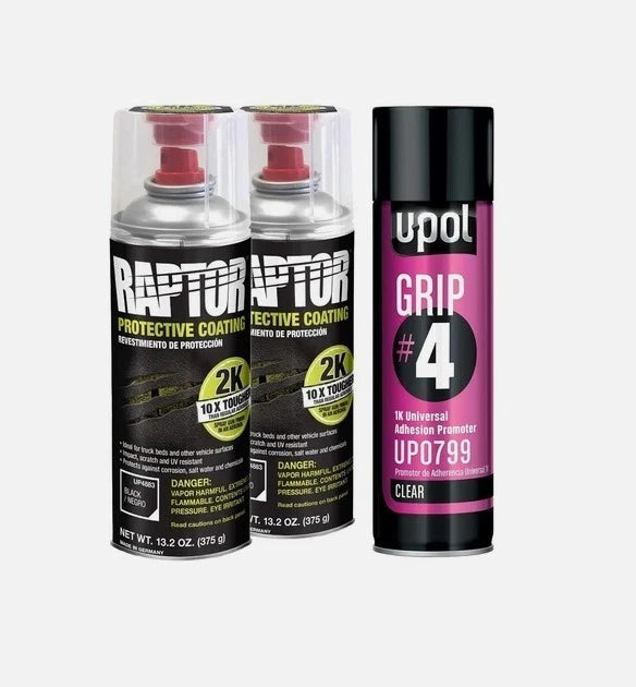 Raptor 4883 (2) + 799 2K Black Spray-On Truck Bedliner Aerosol #4 Grip Kit