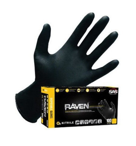 SAS Raven Black Nitrile Gloves Powder Free New 7mil Version (100 Gloves/Box)
