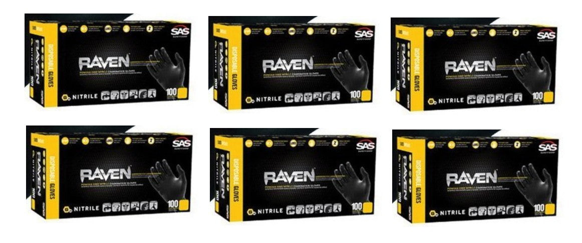 SAS Raven Black Nitrile Gloves Powder Free New 7mil Version (6 Boxes)